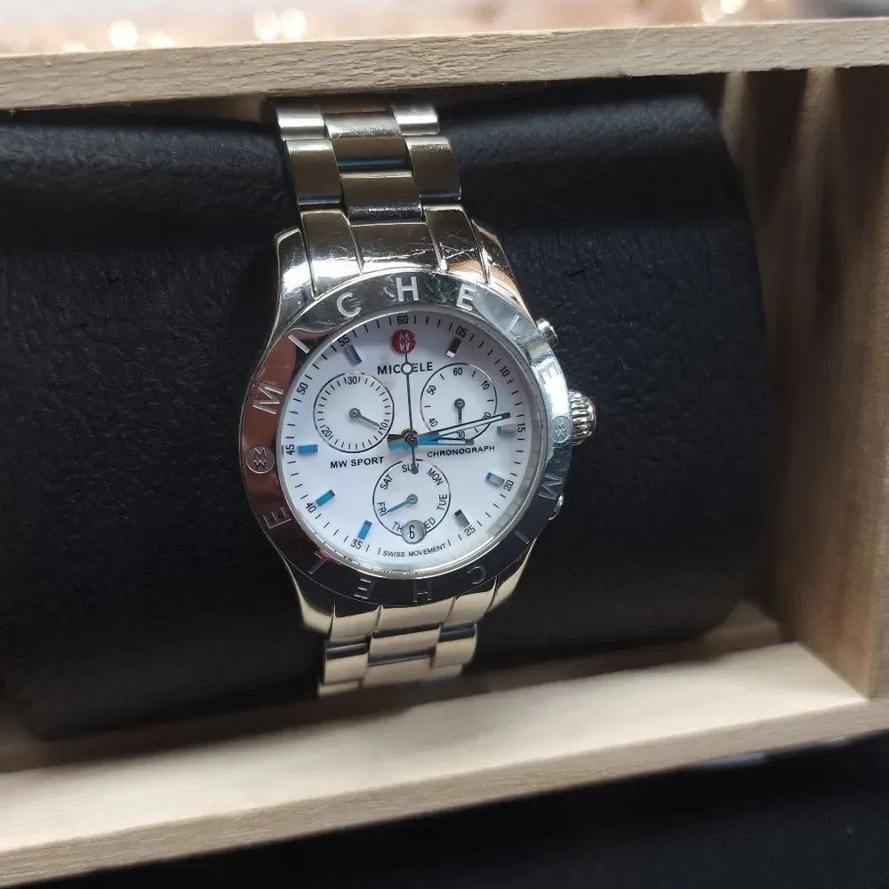 Michele MW Sport Silver Chronograph Swiss Quartz Watch EUC AUTHENTIC